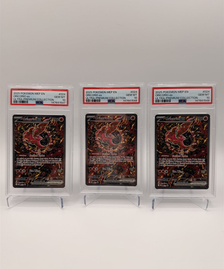 PSA 10 Oricorio ex (Set of 3, Sequential Certs) — 2025 Mega Evolution Pack Ultra-Premium Collection #024