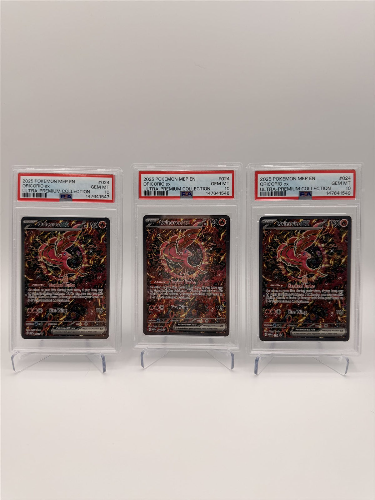 PSA 10 Oricorio ex (Set of 3, Sequential Certs) — 2025 Mega Evolution Pack Ultra-Premium Collection #024